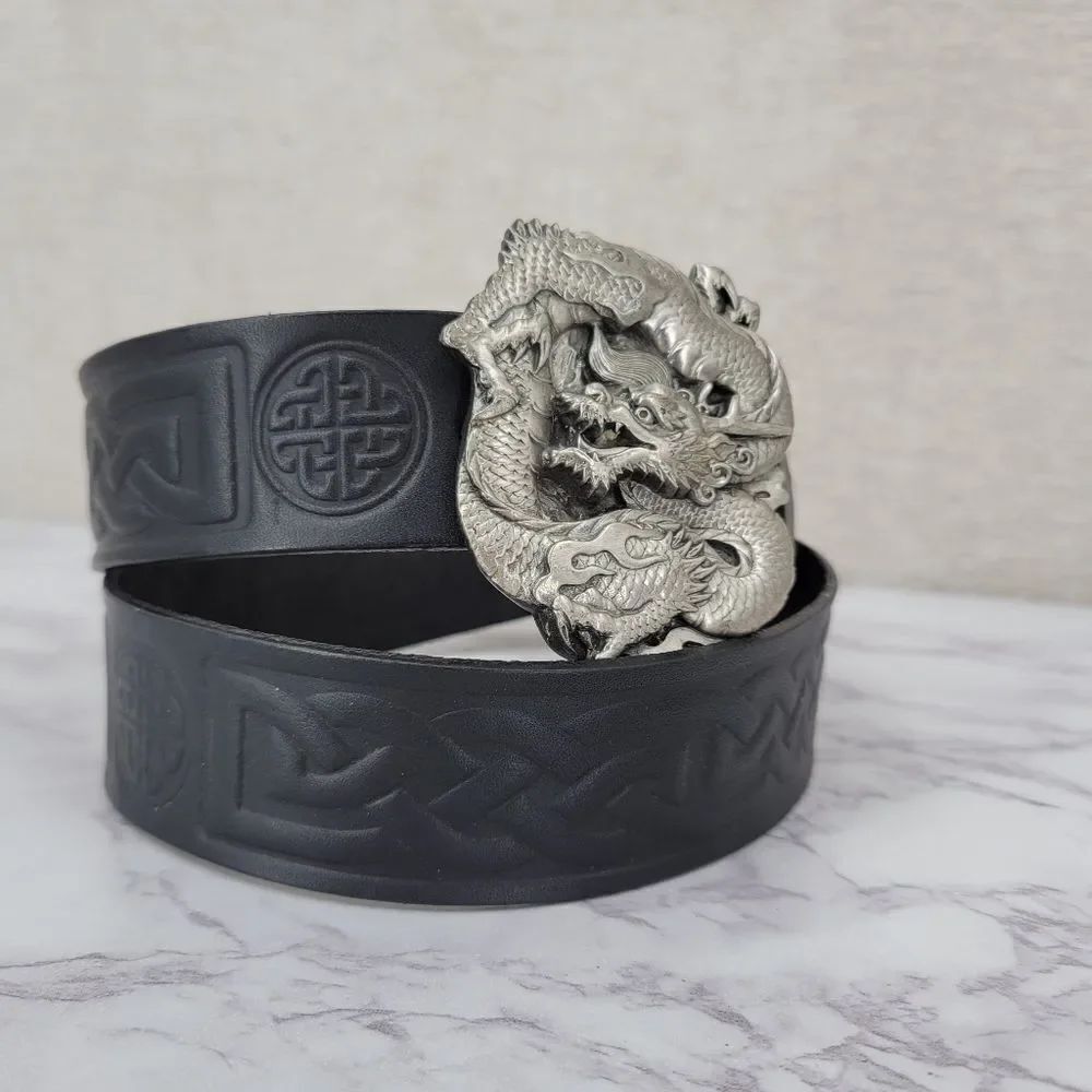 Bergamot Vintage 80s Black Leather Celtic Belt with Silver 2D Dragon Buckle